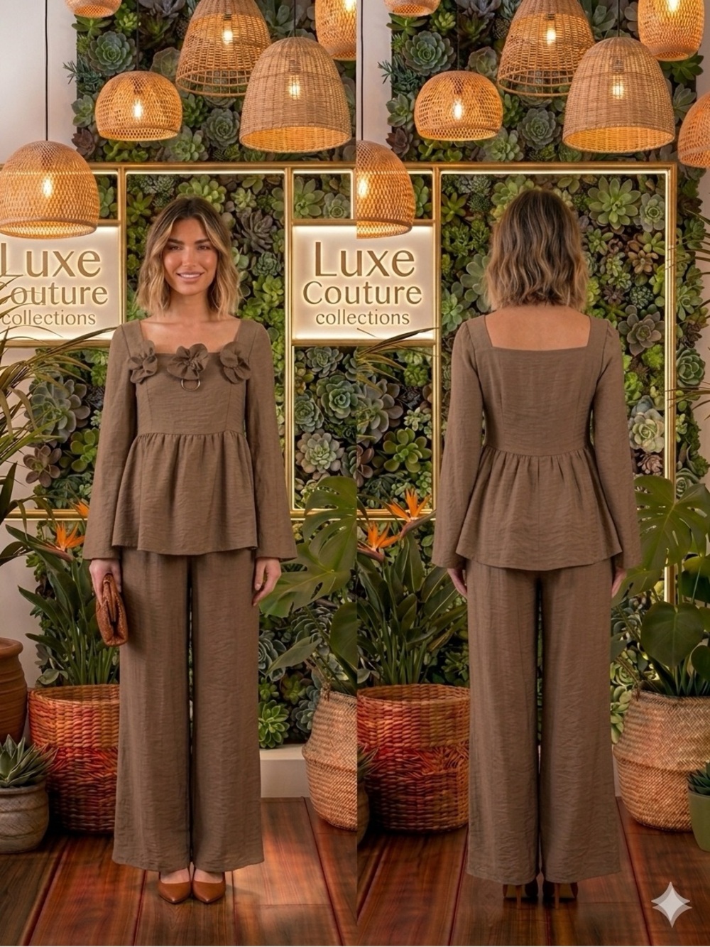 Plus Sz 3X Chocolate Flower Bodice Pants Set